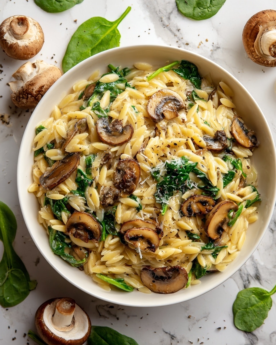 A white bowl filled with creamy orzo pasta mixed with sautéed mushroom slices and bright green spinach leaves. The orzo is a light golden color and looks soft, scattered evenly throughout the bowl. The mushrooms are brown and tender, placed on top and mixed inside the pasta. The spinach adds fresh pops of green throughout the dish. Small bits of melted cheese and black pepper are sprinkled on top, creating a slightly glossy and textured surface. The bowl is placed on a white marbled surface with some whole mushrooms and spinach leaves scattered around. photo taken with an iphone --ar 4:5 --v 7