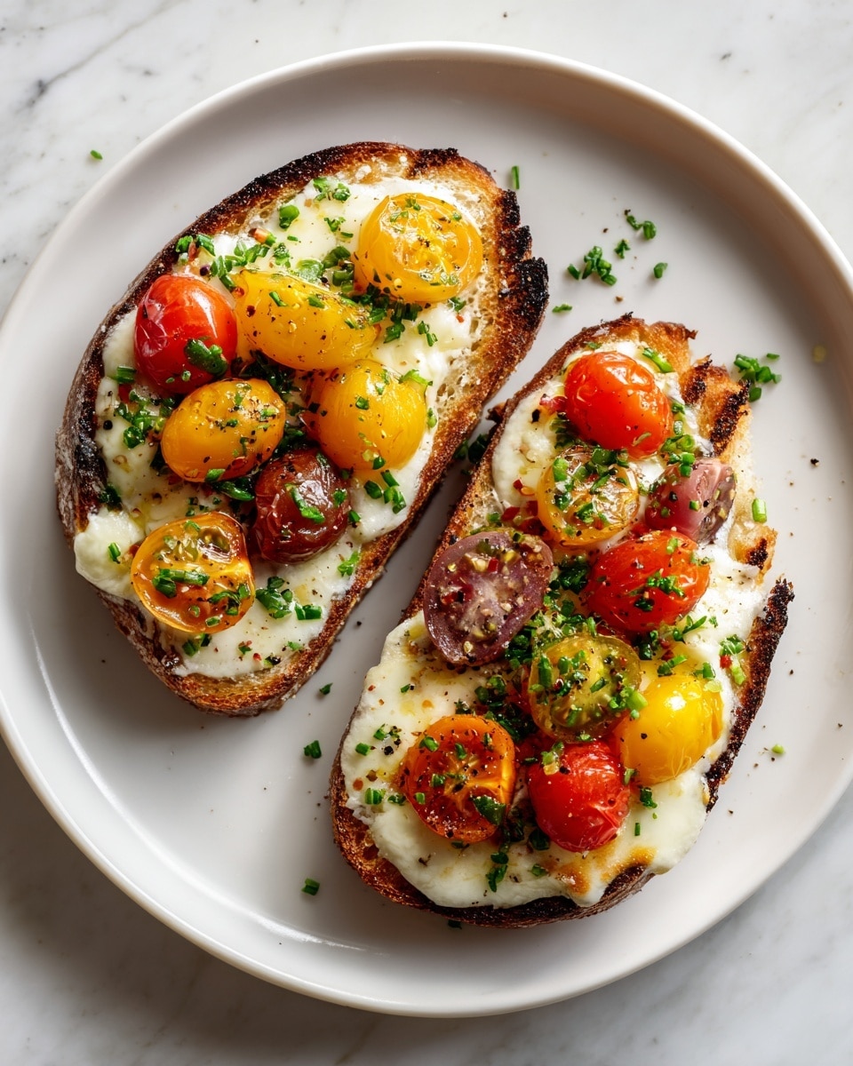 Two slices of toasted bread appear on a white plate set against a white marbled surface, each slice layered with melted white cheese that has slightly browned in spots. On top of the cheese rests a mix of halved red and yellow cherry tomatoes, their skins soft and glossy. Small flecks of chopped green herbs and coarse black pepper are sprinkled evenly across the surface, giving a fresh and colorful finish. The bread edges are golden brown and crispy, adding texture contrast to the soft cheese and juicy tomatoes. photo taken with an iphone --ar 4:5 --v 7