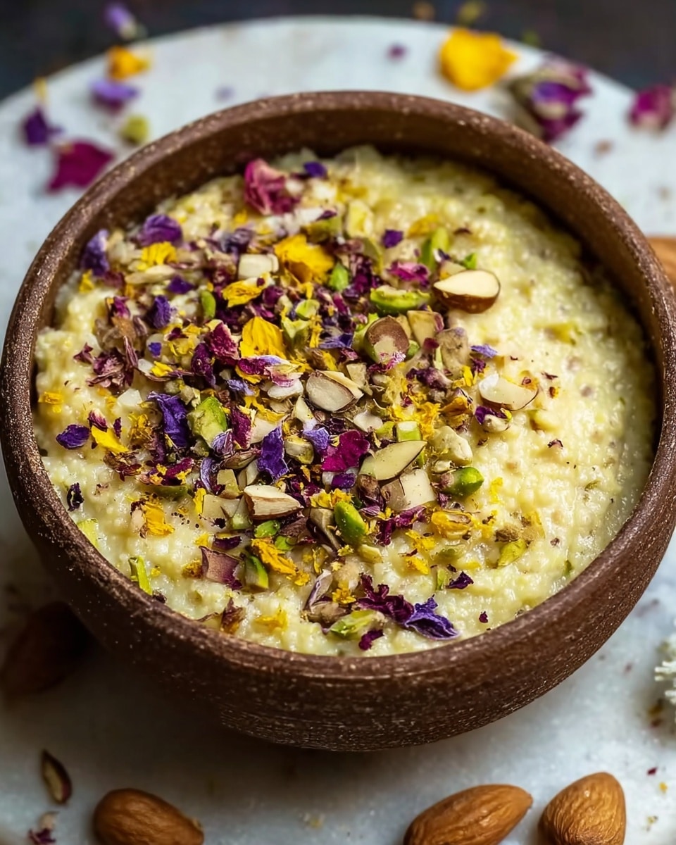 A close-up of a bowl filled with a creamy, pale yellow dessert with a slightly grainy texture. It is topped with a colorful mix of crushed nuts and dried flower petals in shades of purple, yellow, and green, adding a vibrant contrast to the dish. The bowl is rustic and brown, placed on a white marbled surface with some scattered flower petals and nuts around, giving a natural and inviting feel. Photo taken with an iphone --ar 4:5 --v 7