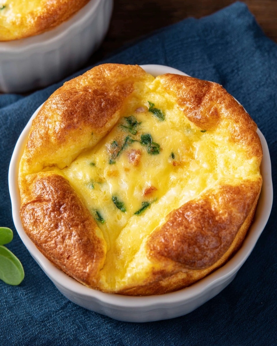 A close-up of a single golden-brown baked dish in a white round fluted ramekin, showing a puffy and slightly cracked top layer with a glossy surface. The inside reveals a creamy, yellow egg mixture with small green herbs and bits of white, possibly cheese, scattered across. The edges of the dish are thick and soft with a smooth, slightly shiny crust. The ramekin sits on dark blue fabric over a wooden surface, with a small fresh green leaf partly visible nearby. Photo taken with an iphone --ar 4:5 --v 7