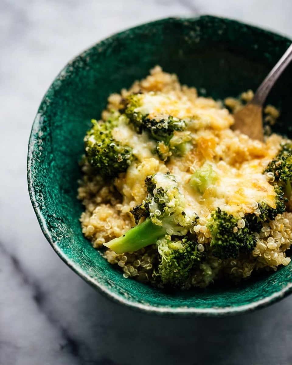 A close-up view of a textured green bowl filled with a layered dish where the bottom layer appears to be small grain-like quinoa, topped with bright green broccoli florets, and covered with melted, slightly browned cheese that gives a creamy and bubbling texture. A silver spoon is partially visible, sticking out from the bowl. The bowl is set on a white marbled surface that contrasts with the vibrant colors of the food and bowl. Photo taken with an iphone --ar 4:5 --v 7