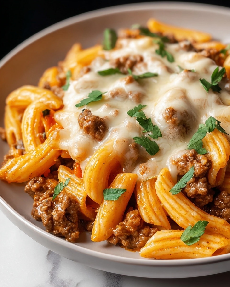 A close-up of a dish with three main layers: the bottom layer is creamy light orange pasta shaped like short tubes with small ridges, coated lightly in sauce; the middle layer has browned ground meat mixed with small pieces of soft orange and white vegetables; the top layer is melted, stretchy white cheese spread unevenly over the meat, with fresh green herb leaves scattered on top. The dish is served on a white plate that sits on a white marbled surface. photo taken with an iphone --ar 4:5 --v 7