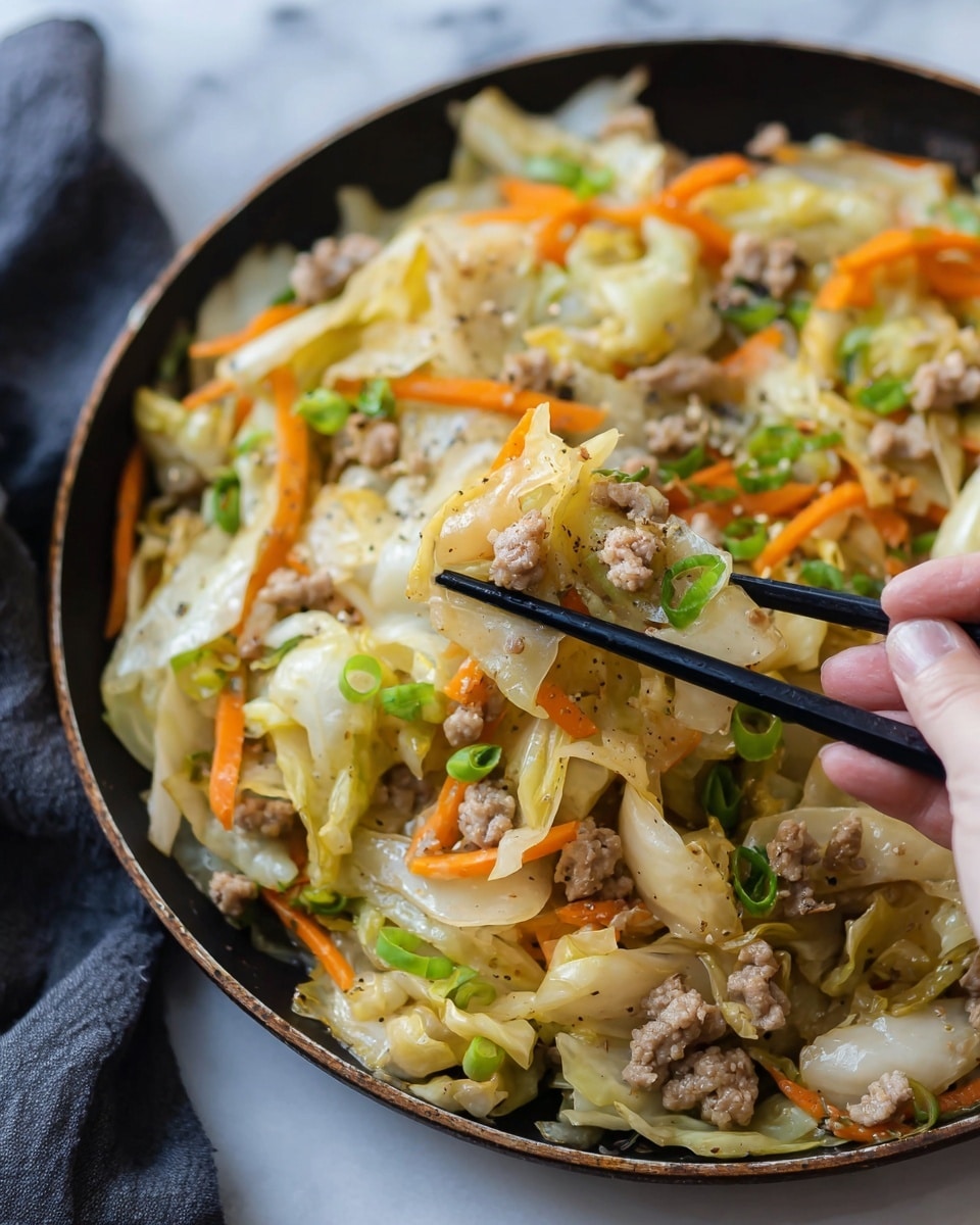 This image shows a close-up of a cooked dish held by black chopsticks near the center right. The dish has layers of light beige cooked cabbage with a soft texture, thin orange carrot strips, small pieces of cooked ground meat in brownish-gray, and thin green slices of scallions scattered throughout. The ingredients are mixed together and appear soft and moist with visible black pepper specks. The dish is served in a dark pan, set on a white marbled surface. A woman's hand is gently holding the chopsticks, picking up a bite of the food. photo taken with an iphone --ar 4:5 --v 7