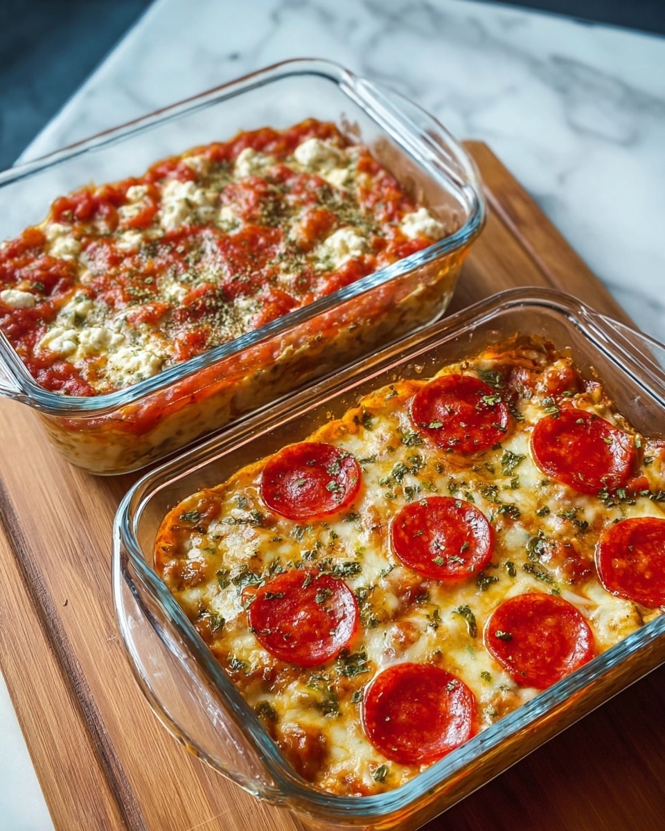 The image shows two clear glass baking dishes filled with layered casserole. The bottom layers are a mix of chunky tomato sauce and white cheese curds, with bits of green herbs and seasoning spread throughout. Each dish is topped with melted light yellow cheese and five evenly placed red pepperoni slices, some with a shiny, oily texture and sprinkled green herbs on top. The dishes are set on a wooden board over a white marbled surface. photo taken with an iphone --ar 4:5 --v 7