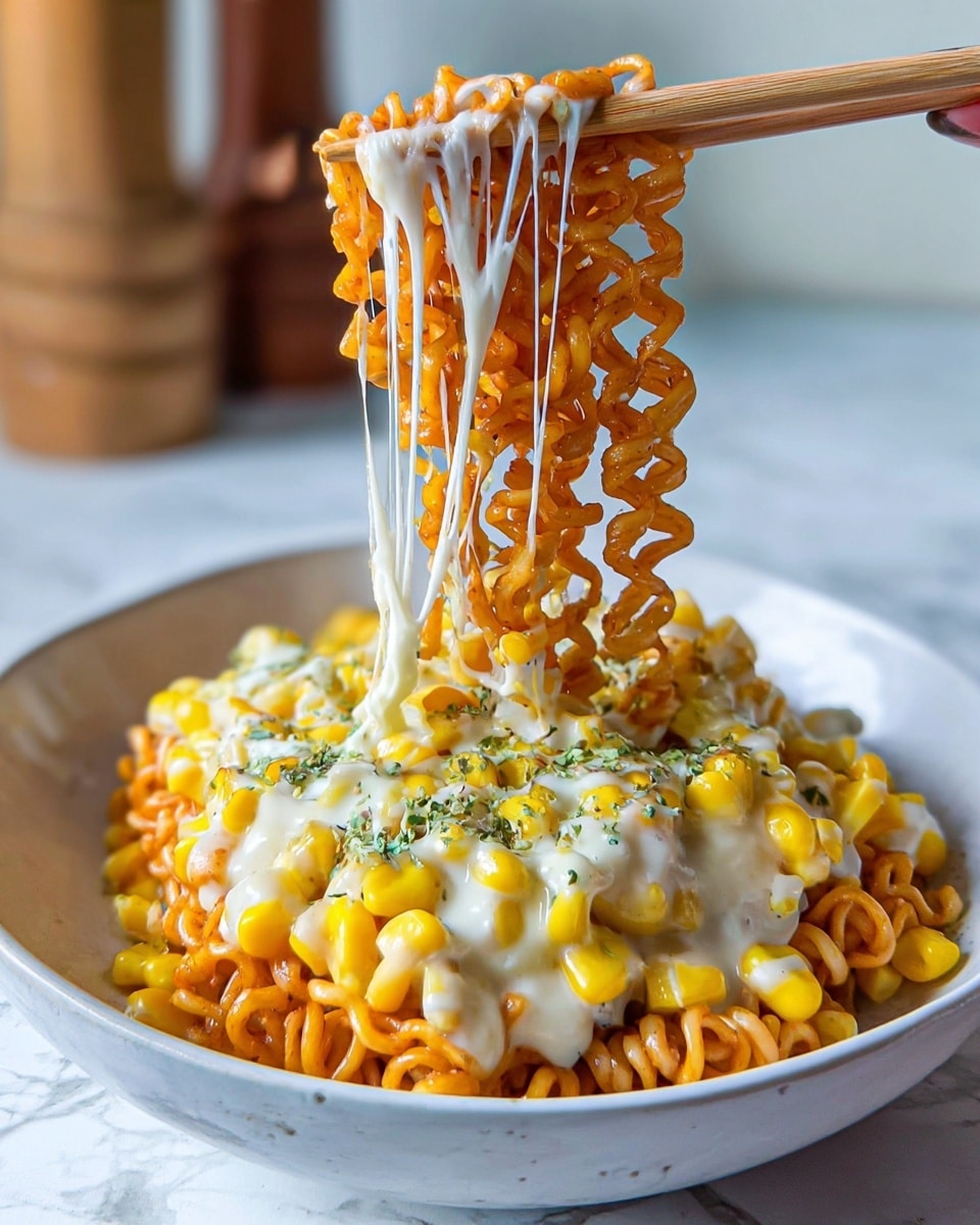 The image shows a close-up of a white bowl filled with a dish made of tightly curled orange noodles at the bottom layer, topped with a thick layer of melted white cheese mixed with bright yellow corn kernels scattered evenly. The noodles are lifted by a pair of wooden chopsticks held by a woman's hand, revealing the gooey cheese stretching in thin strands from the bowl to the noodles. Small green herbs are sprinkled lightly over the cheese and corn, adding a hint of color contrast. The background is a soft white marbled surface and kitchen items are blurred in the distance. photo taken with an iphone --ar 4:5 --v 7