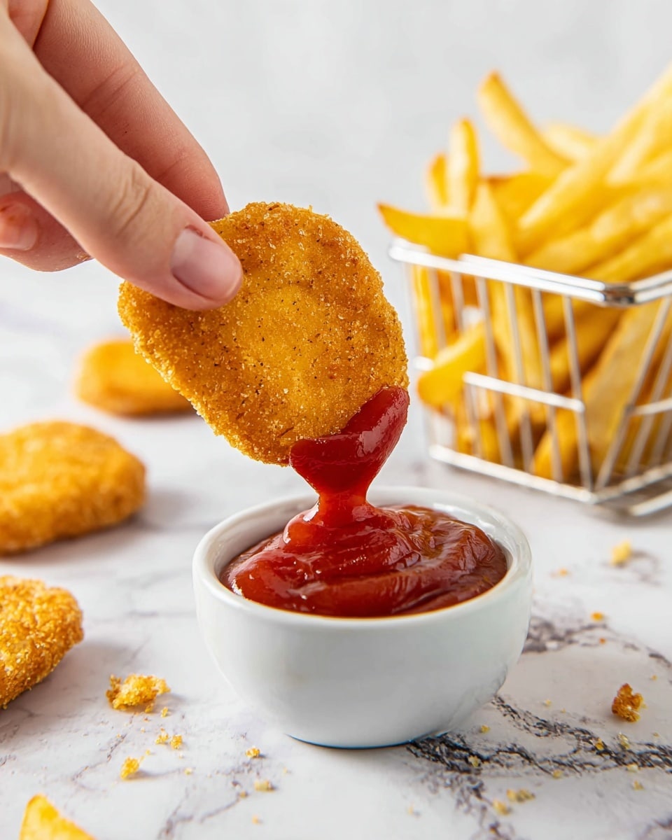A close-up of a golden brown, crispy chicken nugget being held by a woman's hand, dipped halfway into a smooth, glossy red ketchup in a small white bowl. The nugget shows a textured, crispy surface with light seasoning, and the ketchup clings tightly with a small drip forming at the bottom edge. In the background, there is a small wire basket filled with golden-yellow French fries, some of which are scattered on a white marbled surface around the bowl and nugget, along with small crumbs. Photo taken with an iphone --ar 4:5 --v 7