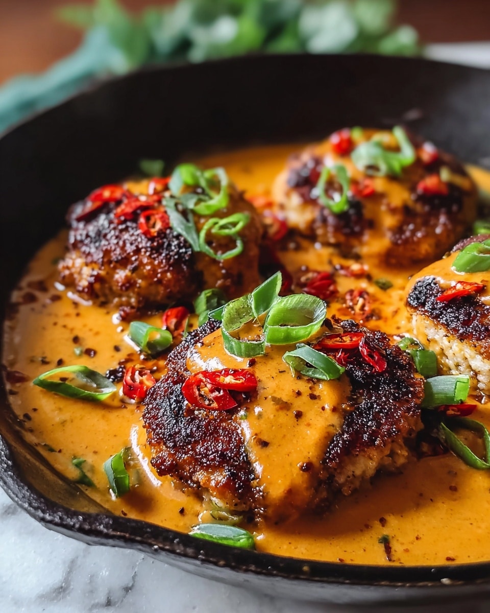 A close-up view of a black skillet filled with four golden-brown patties that have a crispy, charred surface. Each patty is topped with a smooth, thick orange sauce, sprinkled with thinly sliced green onions and small bits of red, roasted chili peppers. The skillet is resting on a white marbled surface with some blurred green leaves visible in the background. The sauce pools around the patties, creating a creamy, inviting texture contrast to the crisp patties. photo taken with an iphone --ar 4:5 --v 7