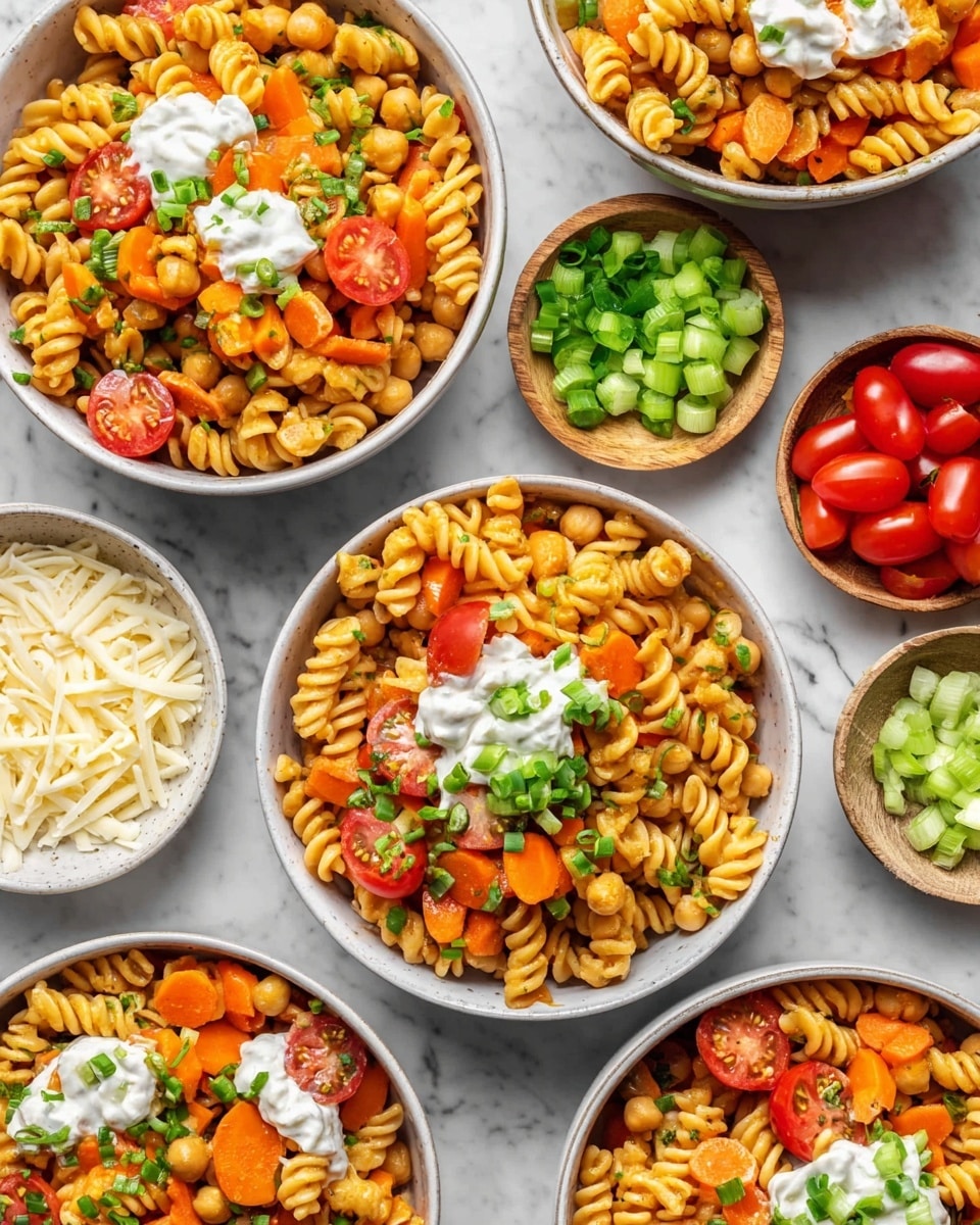 Several white bowls filled with spiral pasta mixed with chickpeas, sliced carrots, and halved cherry tomatoes, all topped with dollops of white sauce and sprinkled with chopped green onions. The pasta is a warm orange color, creating a vibrant contrast with the bright orange carrots and fresh red tomatoes. Around the bowls are small white bowls and wooden bowls containing extra chopped green onions, halved cherry tomatoes, sliced carrots, celery pieces, and shredded white cheese. The entire arrangement sits on a white marbled surface, enhancing the colorful and fresh look of the dish. Photo taken with an iphone --ar 4:5 --v 7