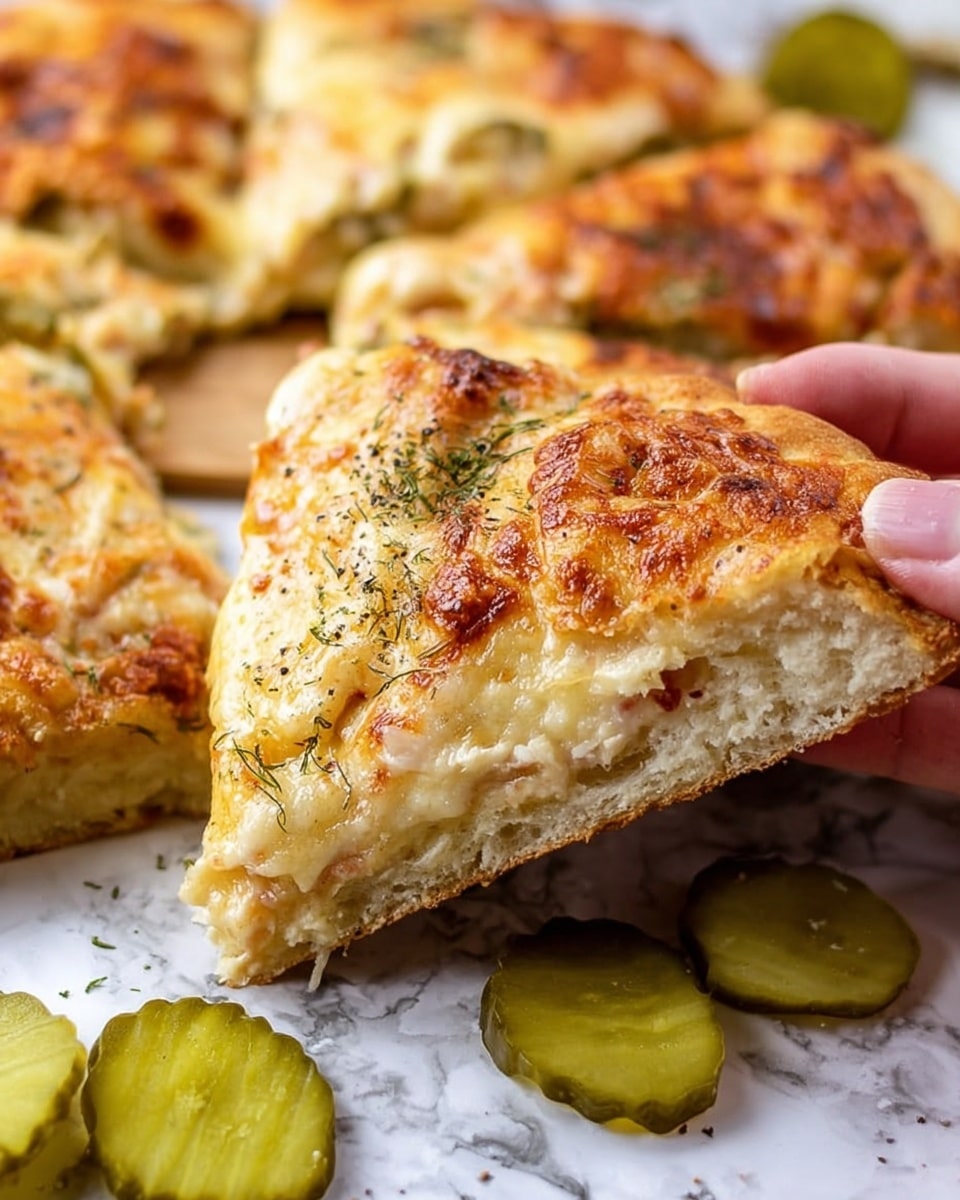 A slice of thick, golden-brown pizza with a soft, fluffy crust is being lifted by a woman's hand. The topping layer visible underneath includes melted, slightly browned cheese and some herbs sprinkled on top. The pizza slice shows a mix of light brown and golden colors with a textured surface that looks crispy yet soft. Around the slice, there are pickle slices with a green and glossy texture, placed on a white marbled surface. In the background, more slices of the same pizza with melted cheese and pickles are visible on the white marbled surface. Photo taken with an iphone --ar 4:5 --v 7