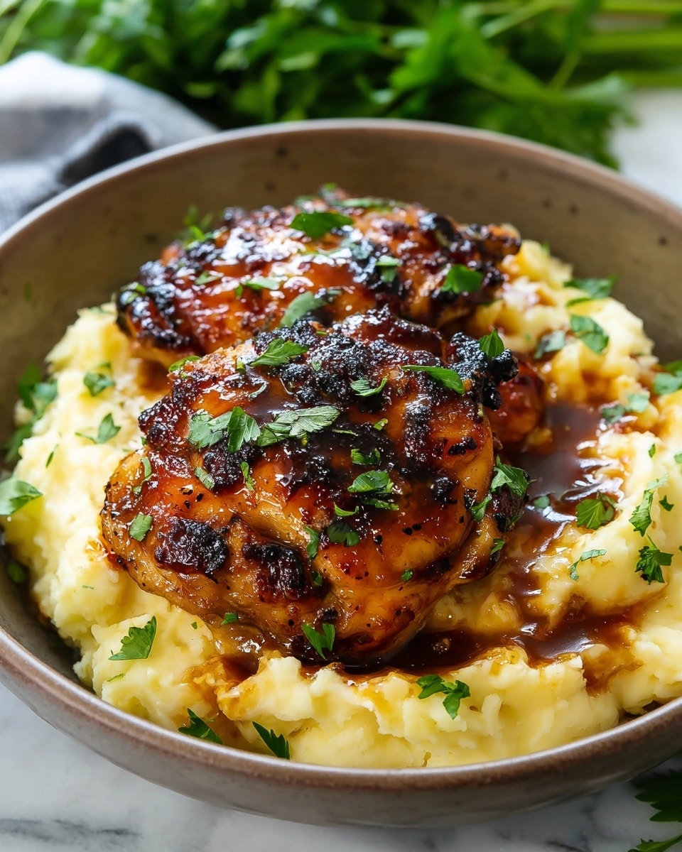 A bowl with two layers shows a rich dish on a white marbled surface. The bottom layer is creamy mashed potatoes with a soft, lumpy texture and a light yellow color, spread evenly in the bowl. On top, two golden-brown grilled chicken thighs with charred, crispy edges are layered closely. The chicken glistens with a shiny, thick dark brown glaze sauce, and fresh green herb pieces are sprinkled over both the chicken and mashed potatoes. The background has blurred green herbs, adding a fresh touch. photo taken with an iphone --ar 4:5 --v 7