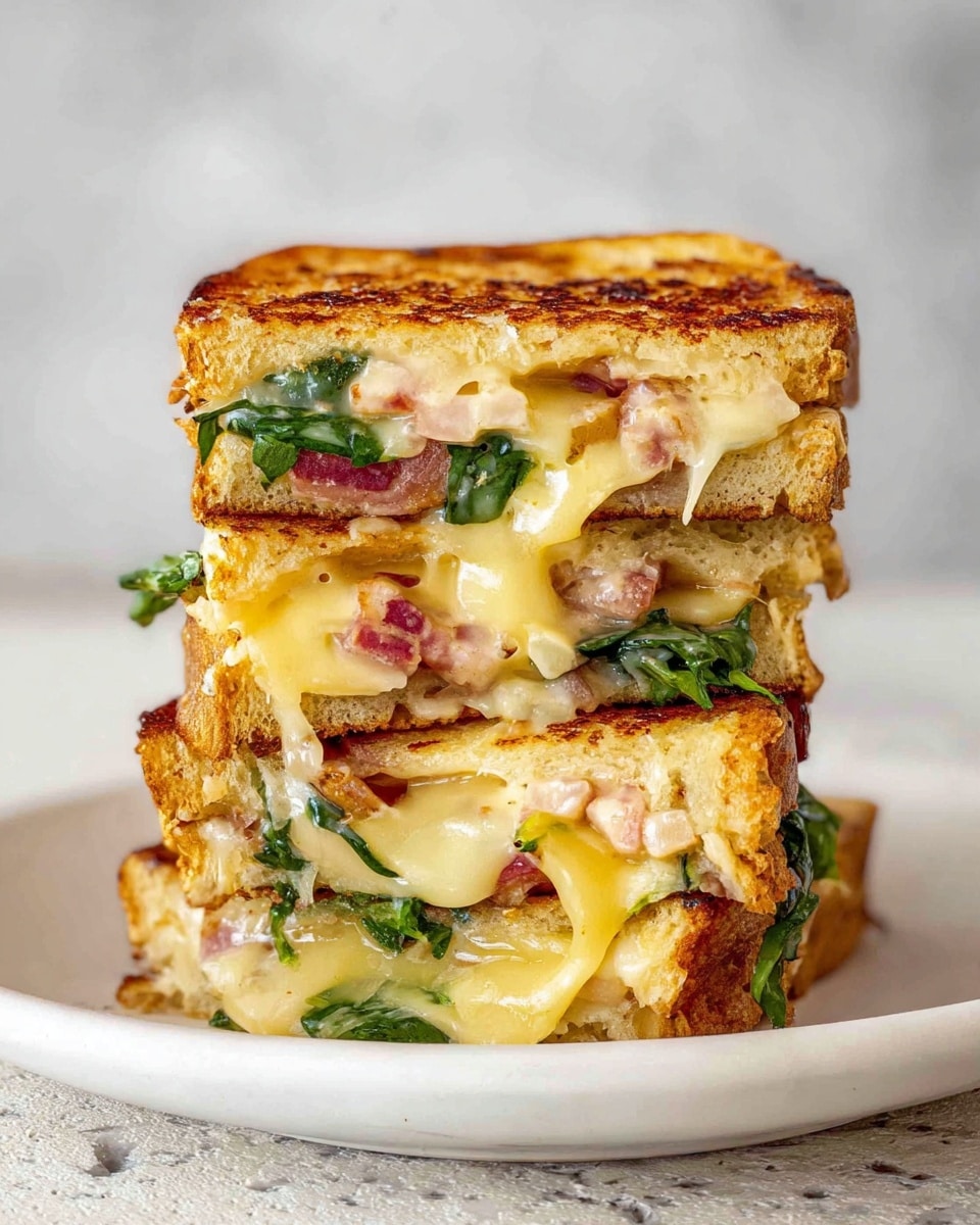 A stack of three thick grilled cheese sandwich pieces sits on a white plate with a white marbled texture below. Each sandwich piece shows golden-brown toasted bread on the outside. Inside, the sandwiches have multiple layers with melted yellow cheese oozing out, fresh green leafy spinach or similar greens, and bits of cooked ham or bacon scattered throughout. The texture of the bread looks crispy, while the cheese is creamy and gooey, blending with the soft greens and salty meat inside. Photo taken with an iphone --ar 4:5 --v 7