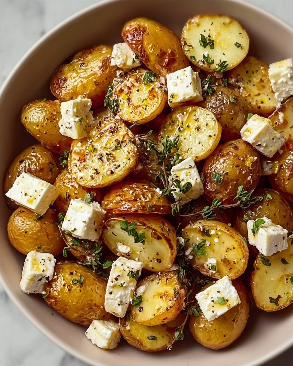 The dish shows a bowl filled with small potatoes cut in half, their skin golden-brown and slightly crispy, revealing soft, light yellow inside. Scattered on top are medium-sized white cubes of feta cheese with some browned edges, adding a crumbly texture. Green sprigs of fresh thyme are spread evenly over the potatoes, along with tiny specks of black pepper and herbs. The bowl is white, and the background is a clean white marbled surface. photo taken with an iphone --ar 4:5 --v 7