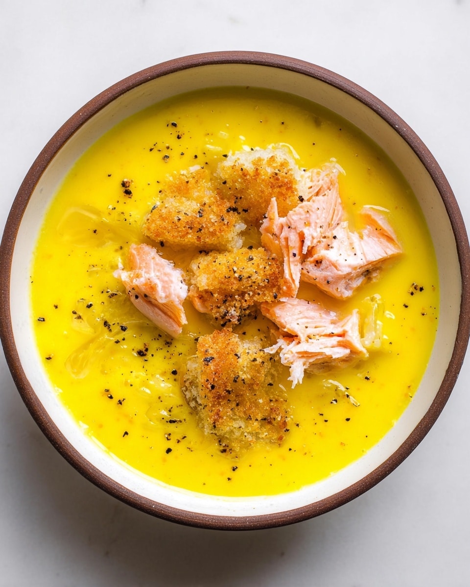 A top-down view of a bowl of bright yellow creamy soup, smooth and vibrant, filling the bowl fully. On one side, there are several pieces of golden-brown crispy rice with a crunchy texture, layered slightly overlapping. Next to the rice, chunks of tender, pink salmon are placed with a soft, flaky texture visible. The soup surface is dotted with small drops of oil and sprinkled with coarsely crushed black pepper, adding contrast and detail. The bowl is white with a thin brown rim, set on a white marbled surface. Photo taken with an iphone --ar 4:5 --v 7