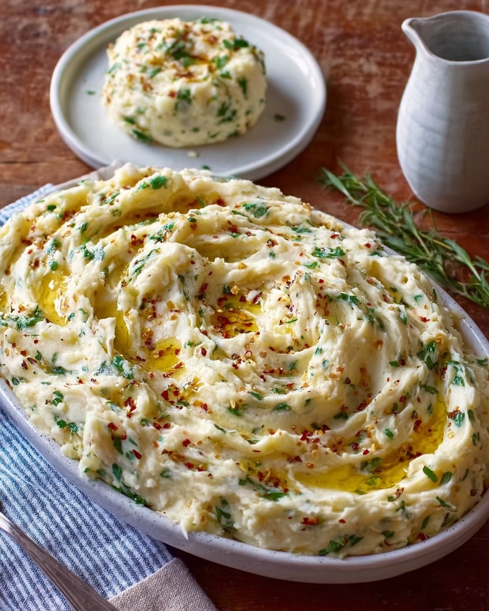 A large white oval dish filled with creamy mashed potatoes mixed with green herbs spread evenly throughout. The top layer is swirled in soft peaks with melted golden butter pooled in small dips, sprinkled lightly with red pepper flakes and finely chopped green herbs. In the blurry background, a smaller white plate holds a round scoop of the same mashed potatoes garnished similarly. A white jug and some green sprigs lie on the wooden table around the dishes with a folded blue and white striped cloth under the white oval dish. photo taken with an iphone --ar 4:5 --v 7