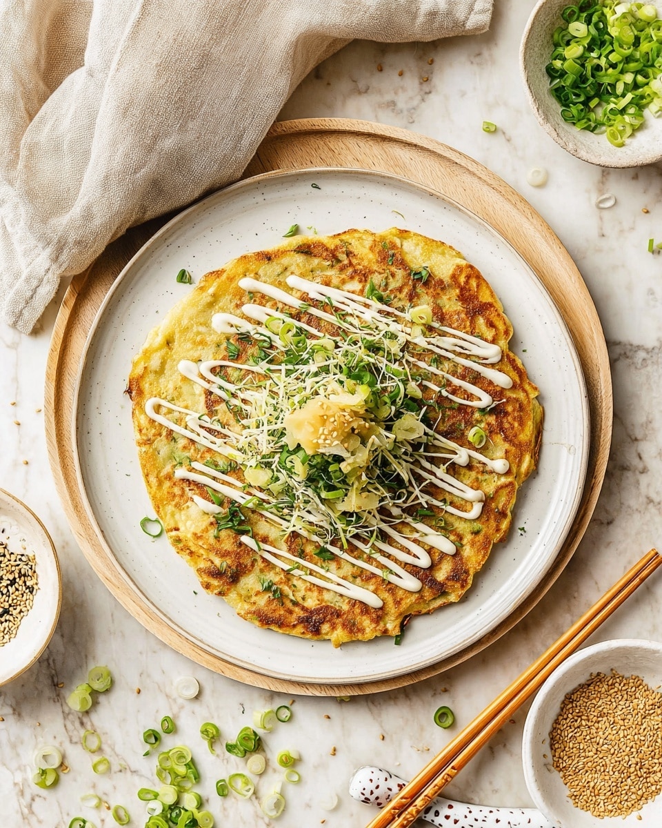 A single round pancake with a golden-brown, slightly uneven crispy surface is placed at the center of a white plate on a light wooden tray. The pancake is topped with thin white zigzag lines of sauce, bright green chopped spring onions scattered on top, and a few dollops of pale yellow pickled ginger in the middle. There is also a sprinkling of tiny green and white sesame-like seeds and herbs over the pancake. Around the plate are scattered chopped spring onions on a white marbled tiled surface, with a beige cloth folded to the left, a small white bowl of green chopped spring onions above the plate, and a small bowl with a mixture of sesame seeds and herbs below. On the lower right side, a pair of wooden chopsticks with white decorated handles rest on the marble surface. photo taken with an iphone --ar 4:5 --v 7