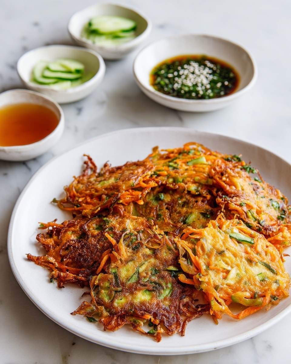 A round white plate holds several pieces of crispy golden brown vegetable pancakes, cut into irregular shapes; the pancakes show visible shredded orange carrots and green scallions mixed in a light, slightly translucent batter, giving it a textured and colorful look. Behind the plate, there are three small white bowls; one contains thin slices of green cucumber, another has a shiny amber dipping sauce, and the third, although described as white, appears black in the image and is filled with green herbs and sprinkled with white sesame seeds. All items rest on a white marbled surface. photo taken with an iphone --ar 4:5 --v 7