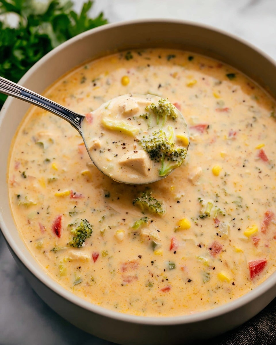 A creamy thick soup filled with visible small pieces of vegetables and meat, including green broccoli, red bell peppers, yellow corn, and chunks of light-colored meat, all suspended in a pale orange-yellow creamy broth with specks of black pepper scattered throughout. The soup is in a deep white bowl, with a silver spoon scooping up a portion showing a good mix of the chunky ingredients and creamy base, resting on a white marbled surface with some green leaves partially visible in the background. Photo taken with an iphone --ar 4:5 --v 7