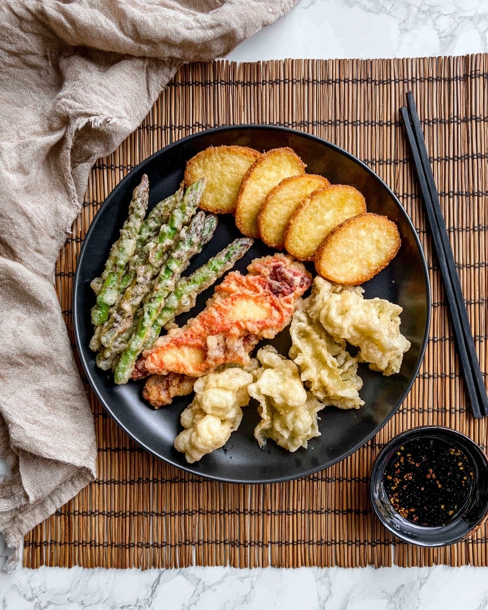 A black round plate holds a variety of tempura fried vegetables and possibly seafood. Around the top half, there are golden brown oval slices with a crispy texture. To the left, a cluster of battered green vegetables, possible asparagus, lays horizontally. Below the green tempura, several pieces of red tempura with a rough texture rest close together. On the right side of the plate, there are several light beige, ruffled tempura pieces that look like mushrooms or cauliflower. Next to the plate on the right, there is a pair of black chopsticks beside a small black bowl containing dark dipping sauce with some oil spots. The setting rests on a brown woven mat on a white marbled surface, and a crumpled light beige cloth is visible at the top left corner of the image. photo taken with an iphone --ar 4:5 --v 7