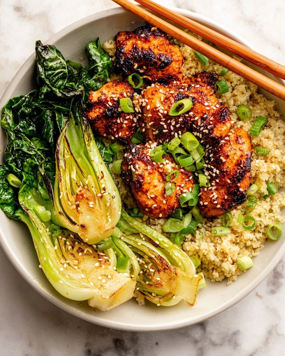 A white bowl filled with three main layers: the bottom layer is a bed of small, finely chopped light beige cauliflower rice mixed with light green chopped scallions; on top, several pieces of crispy golden-brown grilled chicken with a slightly charred texture are sprinkled with white sesame seeds and chopped green scallions; on the right side, there are two pieces of bright green grilled bok choy with light brown char marks and sesame seeds scattered over them, accompanied by dark green steamed leafy greens below. A pair of wooden chopsticks rests across the right edge of the bowl. The bowl sits on a white marbled textured surface. photo taken with an iphone --ar 4:5 --v 7