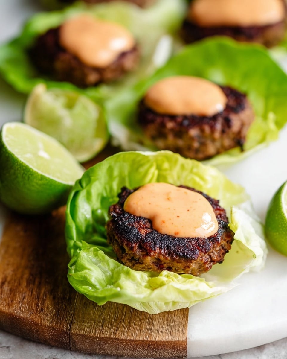 The image shows several small lettuce cups, each holding a single grilled patty with a dark brown, slightly charred texture. On top of each patty is a smooth, light orange sauce covering most of the surface. The lettuce cups are pale green with visible veins and crisp edges, sitting on a white marbled surface next to a wooden board. In the background, bright green lime halves add a fresh contrast to the warm colors of the patties and sauce. Photo taken with an iphone --ar 4:5 --v 7