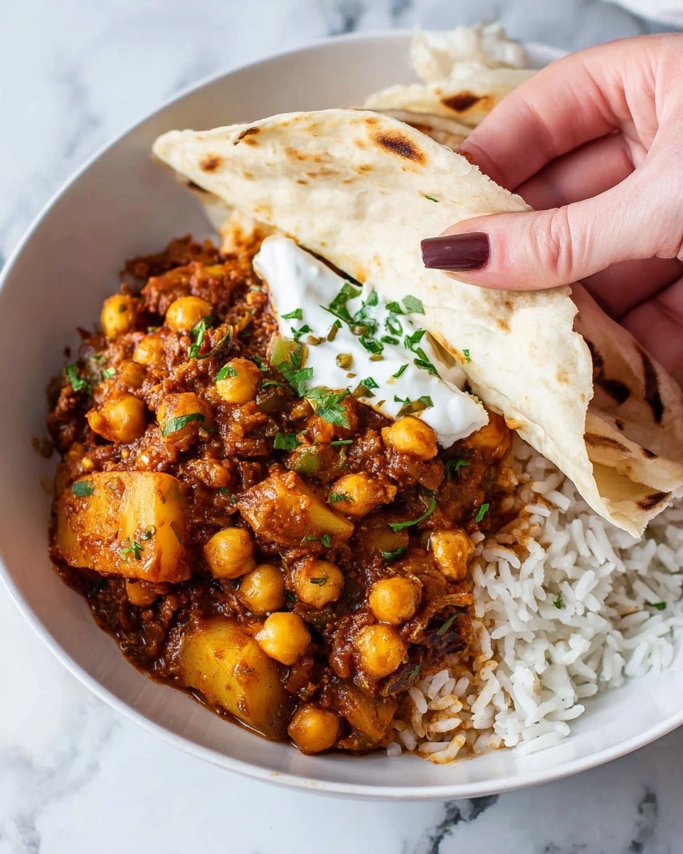 A white bowl filled with three visible layers: at the bottom is a bed of plain white rice with a fluffy texture, topped with a thick, chunky chickpea curry featuring golden chickpeas and browned potato pieces in a reddish-brown sauce with green herb bits scattered throughout. On top of the curry is a dollop of white cream garnished with small green herbs. A woman's hand is pinching a slightly charred, soft white tortilla folded to scoop up some of the chickpea curry. The background is a white marbled texture. photo taken with an iphone --ar 4:5 --v 7