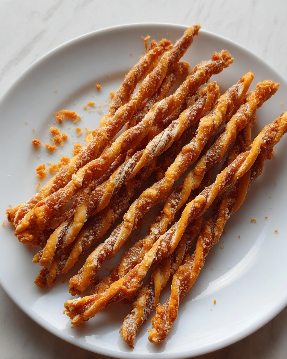A white plate holds a pile of thin, twisted sticks that are golden brown with a rough, crumbly texture. The twists have a mix of darker and lighter orange shades and are coated with a white powdery layer in places, giving them a crunchy appearance. The sticks are tightly arranged, overlapping each other slightly, with some small crumbs scattered around them. The plate sits on a white marbled surface. photo taken with an iphone --ar 4:5 --v 7