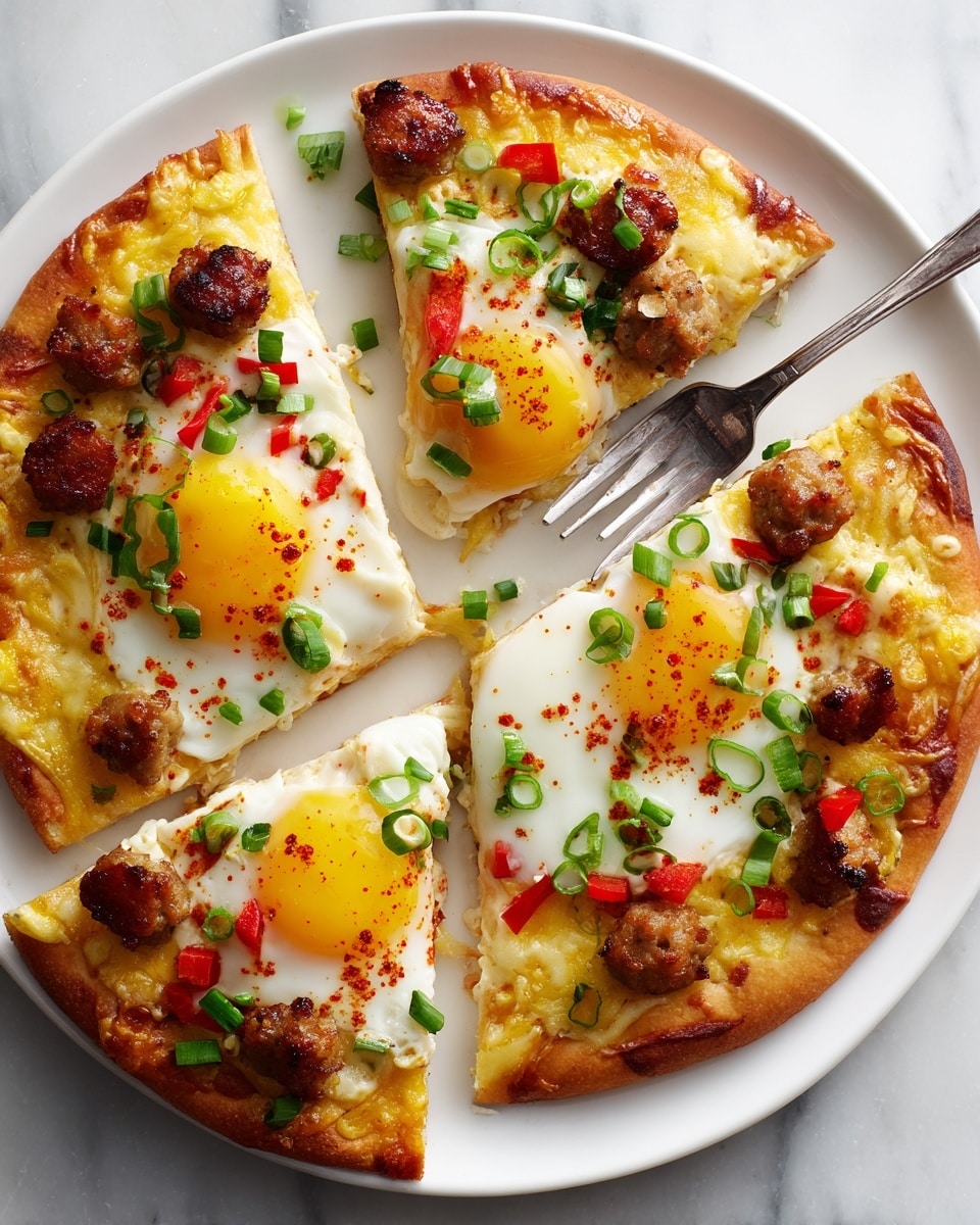 A round breakfast pizza with four slices on a white plate, set on a white marbled surface. The crust is golden brown and crispy, topped with melted yellow cheese spread evenly as the base layer. On top of the cheese are pieces of cooked sausage, scattered around. Each slice has a sunny-side-up egg with a bright yellow yolk in the center, sprinkled lightly with red seasoning. Chopped green onions and small red bell pepper pieces are scattered over the whole pizza, adding fresh green and red colors. A silver fork rests on the plate near the top right slice. Photo taken with an iphone --ar 4:5 --v 7