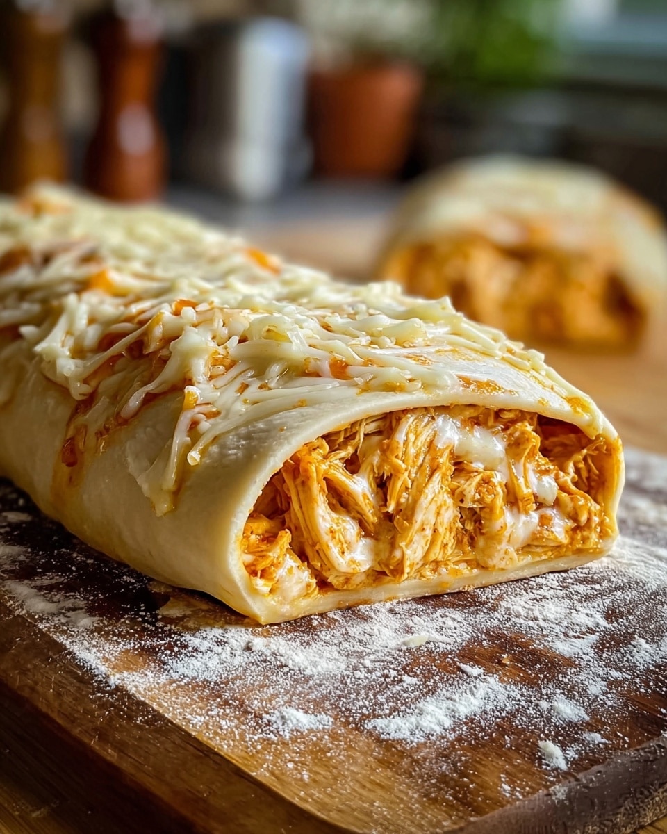 A close-up of a rolled dough with two visible layers: the inner layer is bright orange shredded chicken mixed with sauce, and the outer layer is soft light beige dough wrapped around the filling. The top of the roll is sprinkled with melted white and slightly golden cheese. The roll rests on a wooden board dusted with flour, and the background is blurred but shows a kitchen setting. Photo taken with an iphone --ar 4:5 --v 7