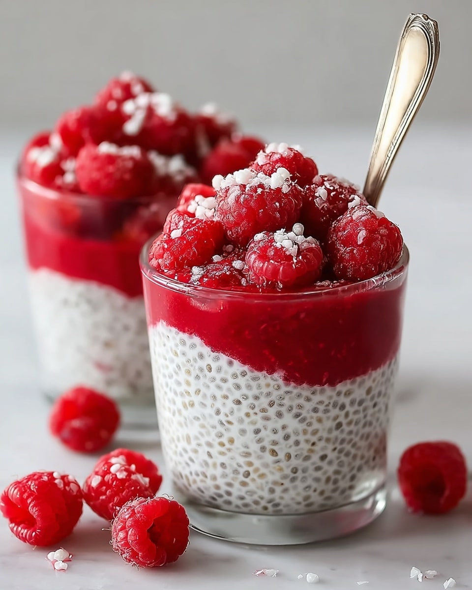 The image shows two clear glasses each filled with three main layers. The bottom layer is white chia pudding with visible tiny seeds evenly spread. Above it is a bright red raspberry sauce layer, smooth and slightly thick. The top layer is fresh whole raspberries, piled high and decorated with small white flakes scattered on them. The front glass has a vintage silver spoon sticking out from the raspberries. Around the glasses, there are a few fresh raspberries placed on a white marbled surface. The background is simple and soft to keep the focus on the dessert. photo taken with an iphone --ar 4:5 --v 7