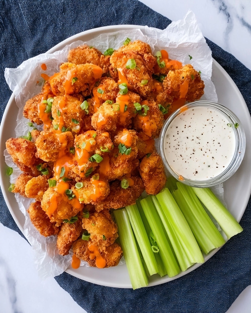 A white plate holds a pile of golden-brown, crispy fried chicken bites with a crunchy texture. The chicken pieces are drizzled lightly with reddish-orange hot sauce and sprinkled with small green herb pieces. To the right side of the plate, there are fresh, bright green celery sticks arranged neatly. Behind the chicken and celery, a clear glass container filled with creamy white ranch dressing with visible green herb specks sits on the white marbled surface. The chicken rests on a white crumpled parchment paper layer under it. photo taken with an iphone --ar 4:5 --v 7