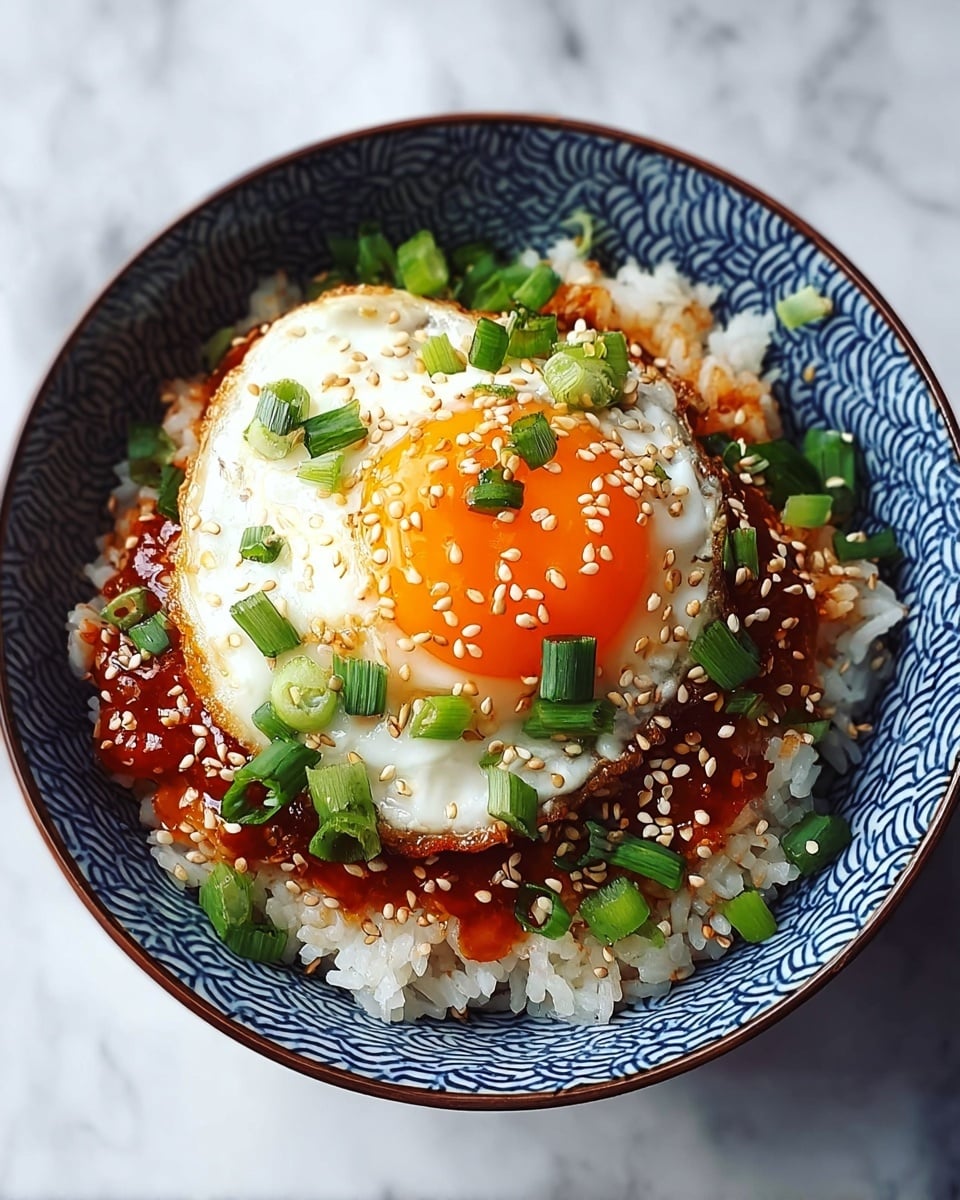 A blue patterned bowl filled with a base layer of white rice mixed with red chili sauce, topped with a sunny-side-up fried egg with a bright orange yolk and crispy edges, scattered with white sesame seeds and chopped green onions on top and around. The bowl sits on a white marbled surface. photo taken with an iphone --ar 4:5 --v 7