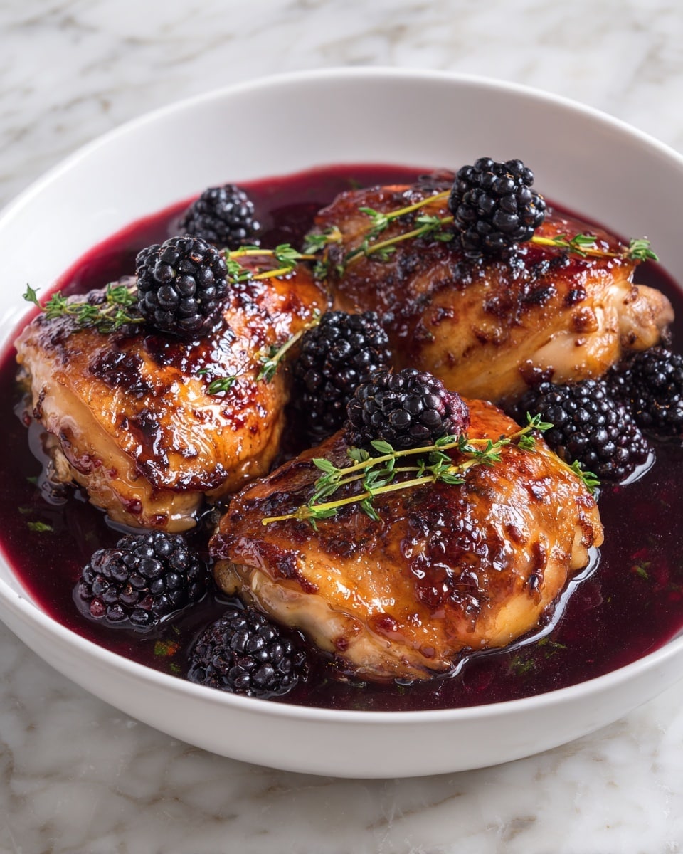 The dish shows three pieces of grilled chicken thighs with a shiny, dark brown glaze, placed in a white bowl filled with a deep purple blackberry sauce. Each chicken piece has a few whole blackberries on top, adding a glossy black and textured layer. Fresh green thyme sprigs are laid across the chicken, providing a small burst of color and texture. The sauce pools around the chicken, creating a rich, vibrant base that contrasts with the golden brown and slightly charred chicken skin. The bowl sits on a white marbled texture surface. photo taken with an iphone --ar 4:5 --v 7