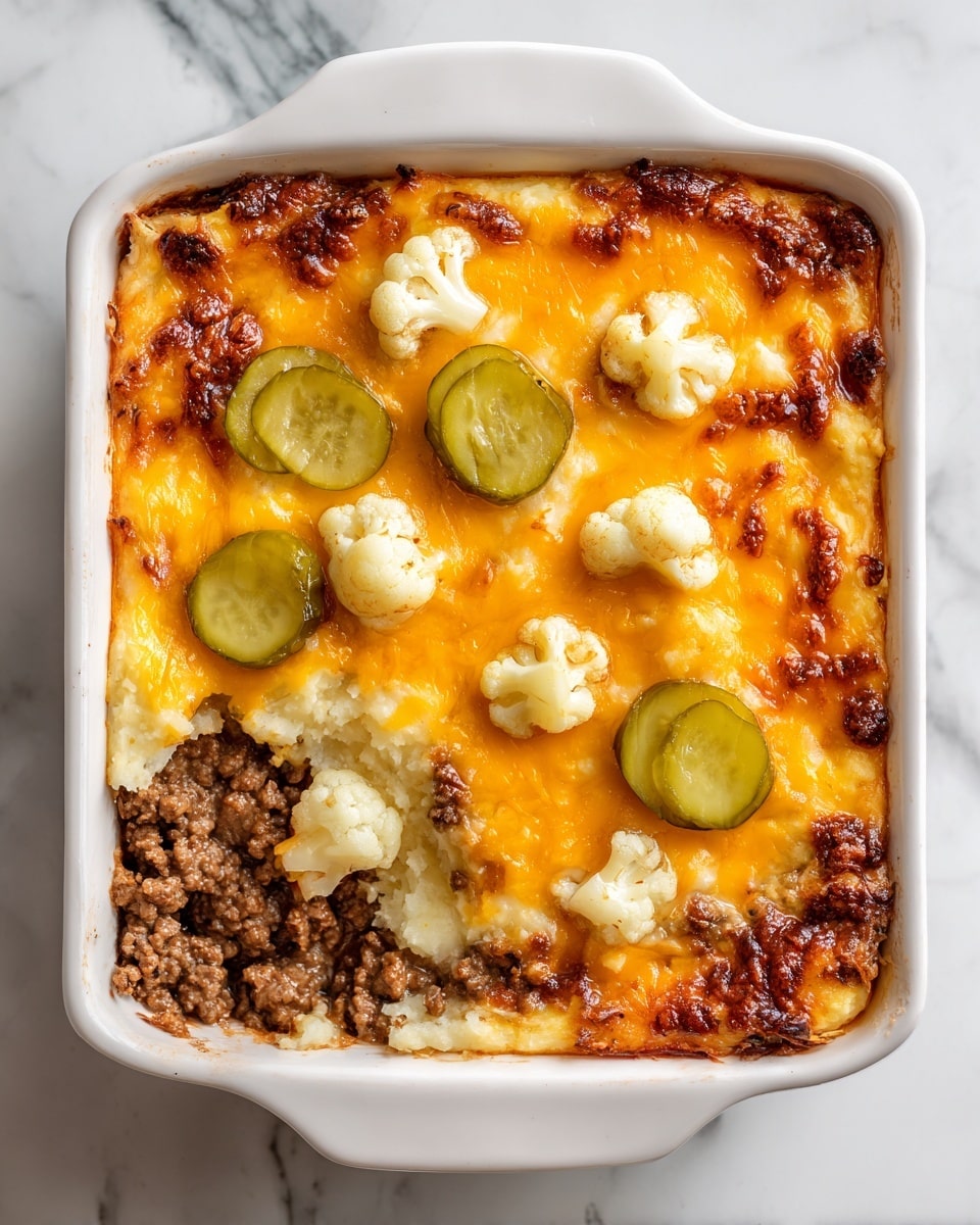 A white square casserole dish filled with a layered baked dish, showing three distinct layers: the bottom layer is cooked ground beef with a crumbly texture and brown color, the middle layer is creamy and soft mashed potatoes in a pale yellow shade, and the top layer is melted cheddar cheese with a golden orange color, browned slightly in some spots. On top, there are round pickle slices scattered evenly, along with small creamy white cauliflower florets for texture contrast. The dish is placed on a white marbled surface. photo taken with an iphone --ar 4:5 --v 7