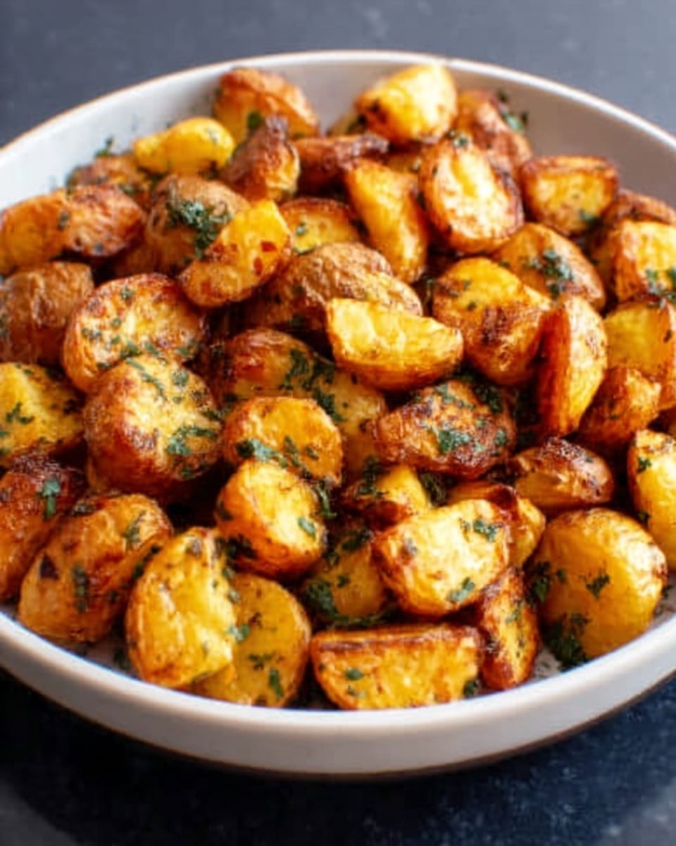 This image shows a white bowl filled with small, golden brown roasted potatoes that look crispy on the outside. The potatoes are cut into bite-sized pieces and spread out evenly in the bowl. Some green herbs are sprinkled on top, adding a hint of color. The texture of the potatoes looks crunchy with a soft inside. The bowl sits on a white marbled surface. photo taken with an iphone --ar 4:5 --v 7
