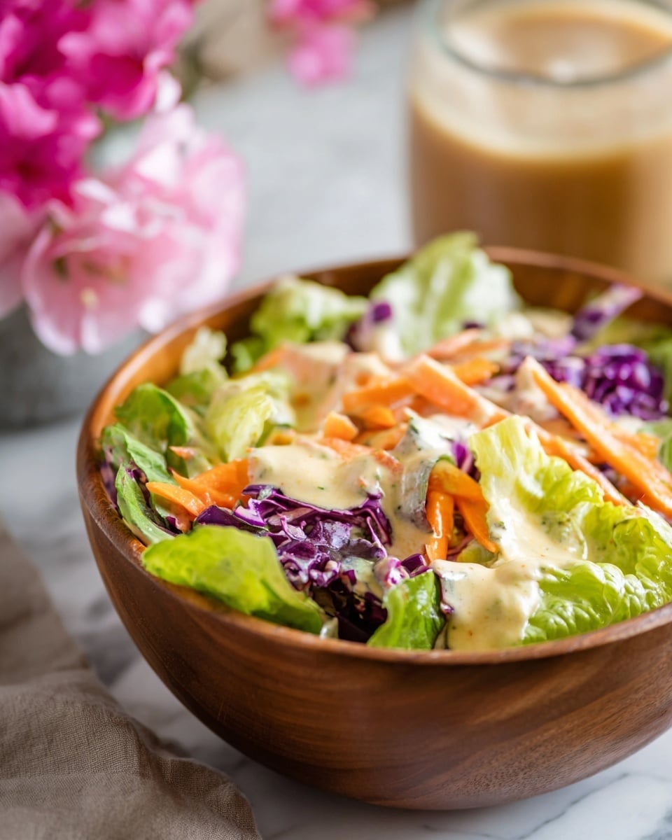 A wooden bowl filled with a fresh salad showing three main layers: the bottom layer has light green lettuce leaves with a crisp texture, the middle layer includes thin orange carrot sticks and some purple cabbage pieces adding a pop of color, and the top layer is a creamy light tan dressing spread unevenly over the vegetables. The bowl is placed on a white marbled surface, with a blurred background of pink flowers and a light brown drink in a clear glass. The photo captures a close-up view, emphasizing the fresh textures and colors. photo taken with an iphone --ar 4:5 --v 7