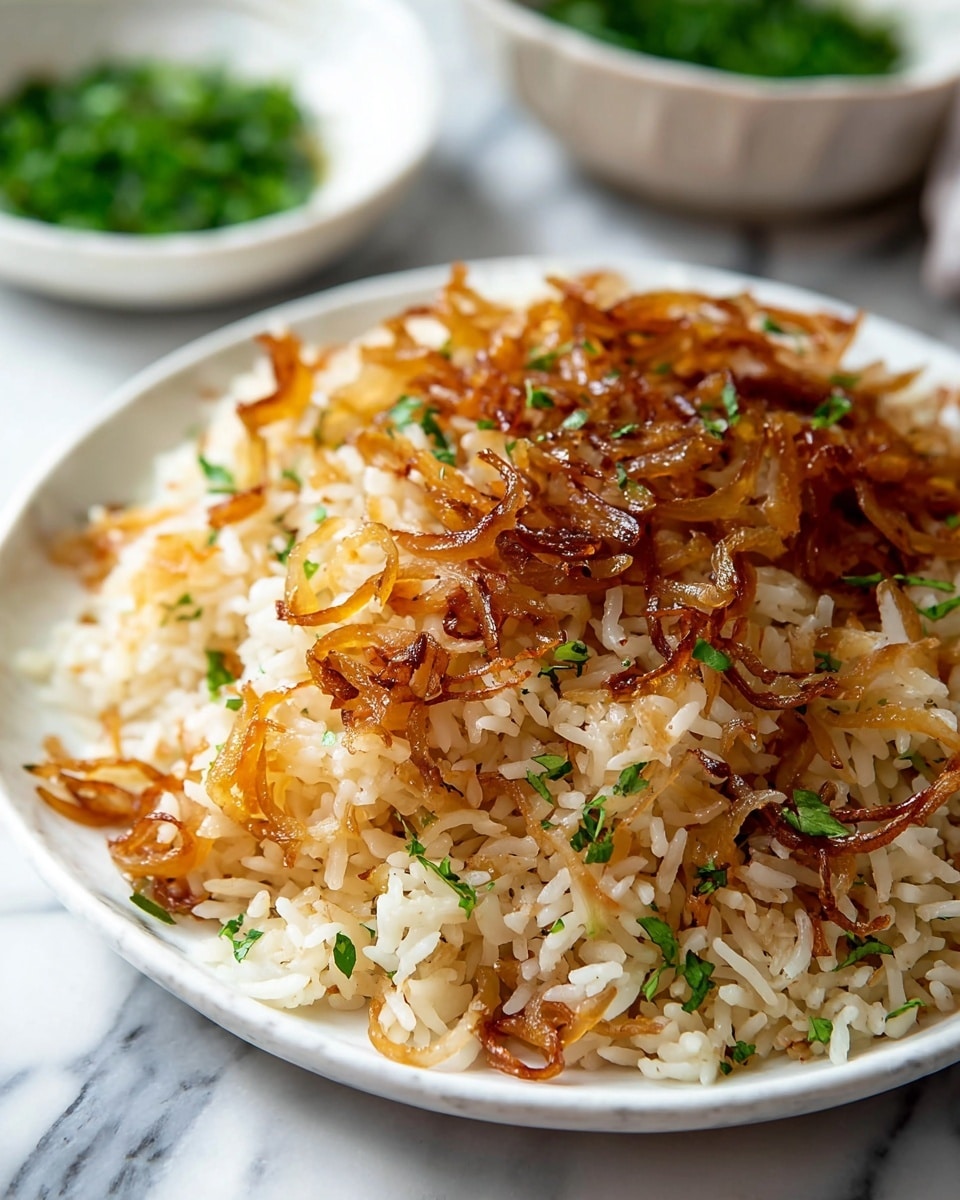 A close-up of a white plate filled with cooked rice mixed with thin, golden-brown caramelized onions scattered on top and throughout the rice, along with small green herb leaves sprinkled evenly, all resting on a white marbled surface. In the background, there is a blurred white bowl containing a green herb mixture. Photo taken with an iphone --ar 4:5 --v 7