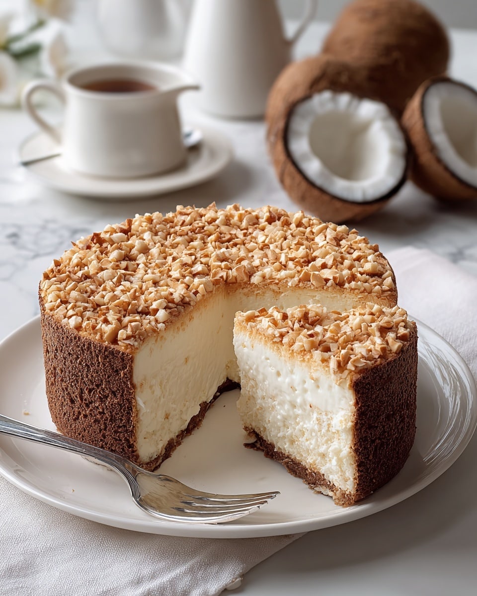 A round cake with a thick, dark brown outer crust forms the outer layer, wrapping around a fluffy, white creamy middle layer that is visible because a large wedge slice has been removed. The top layer is covered evenly with small, chopped light brown nuts, giving a textured look. The cake sits on a plain white plate with a silver fork resting on the side. In the background, halved brown and white coconut shells and a blurred white pitcher on a saucer are placed on a white marbled surface. photo taken with an iphone --ar 4:5 --v 7