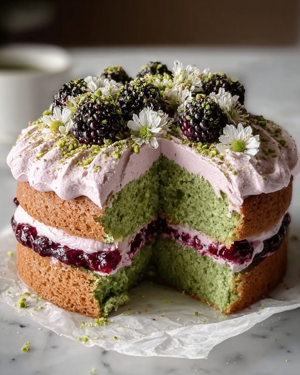 This image shows a two-layer green cake with soft texture, each layer separated by a thick spread of pale pink cream and dark red berry jam in the middle. The top layer is covered with a light pink whipped cream, decorated with whole blackberries, small white flowers, and sprinkled with crushed green pistachios. The cake sits on a piece of white parchment paper on a white marbled surface, and the inside of the cake is visible where a slice has been removed. Photo taken with an iphone --ar 4:5 --v 7