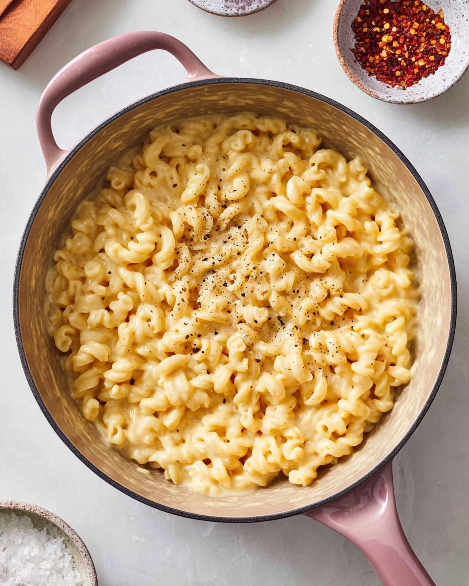 A close-up top view of a pot filled with curly pasta covered in creamy light yellow cheese sauce, small black pepper specks are scattered on top, the pot has a dull pink handle and the creamy sauce clings smoothly to the pasta. To the sides, there are small white bowls with coarse salt and red pepper flakes, the background is a white marbled texture. Photo taken with an iphone --ar 4:5 --v 7