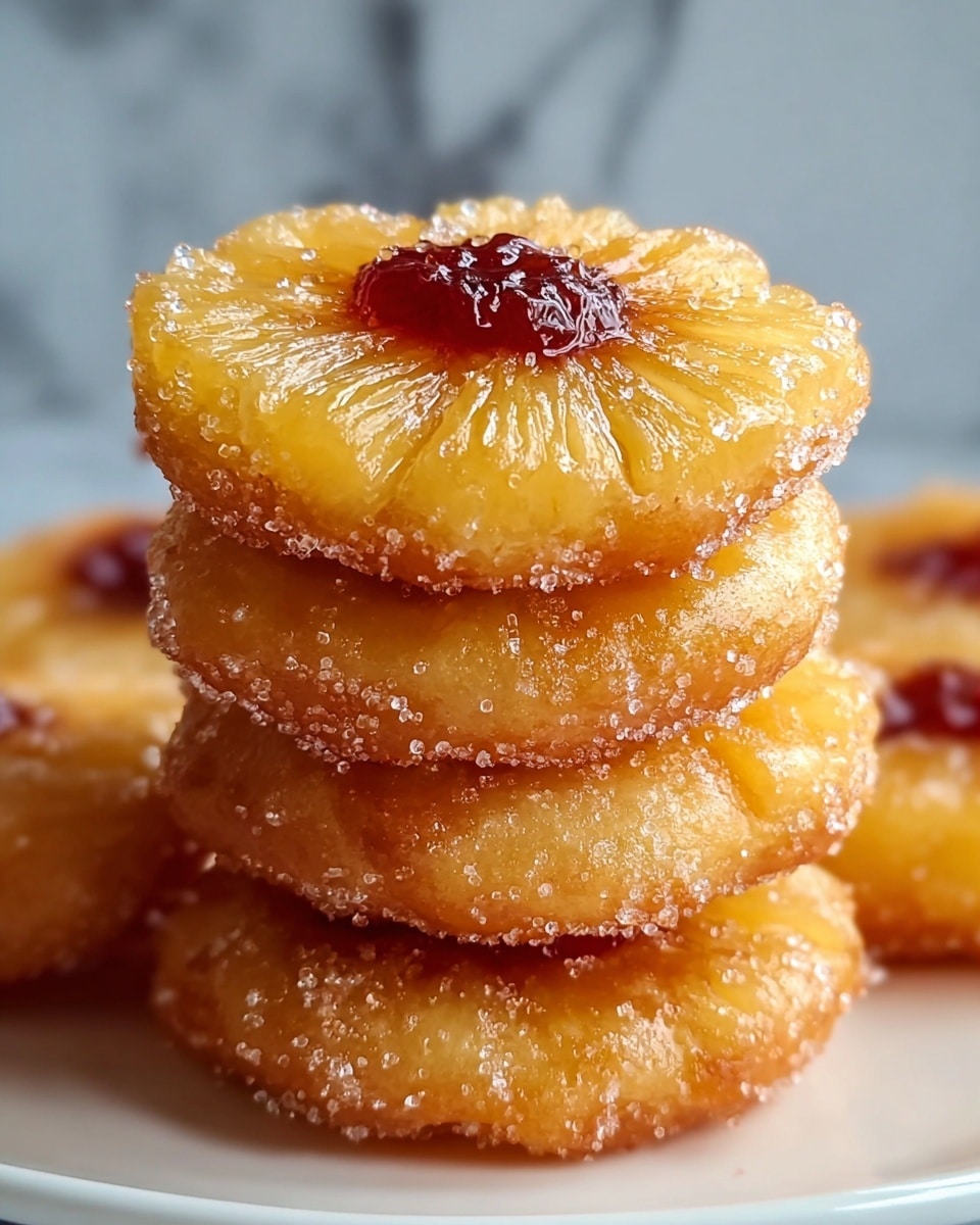 A close-up image shows a stack of five golden-brown pineapple fritters on a white plate, each fritter round with a slightly crispy edge and a glistening surface. The top fritter has a ring of small sugar crystals around its edge, and in the center, there is a shiny, dark red jam filling that contrasts with the bright yellow pineapple sections radiating from the middle. The pineapple pieces have a soft, juicy texture, and the fritters appear light and slightly thick. The background features a soft blur with a white marbled texture underneath the plate. Photo taken with an iphone --ar 4:5 --v 7