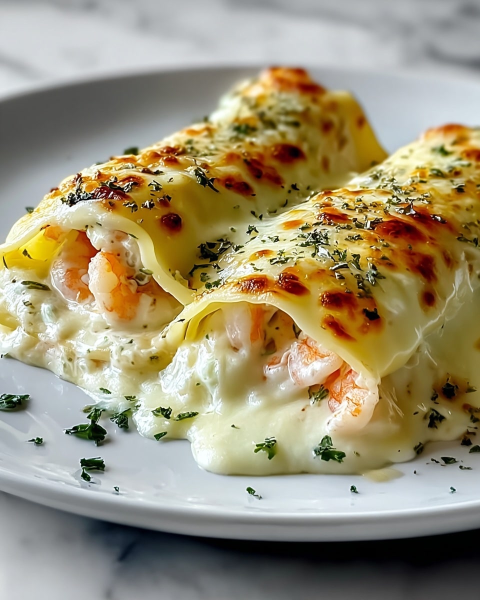 Two creamy, baked pasta rolls sit closely together on a white plate, each roll covered with a smooth layer of melted cheese browned slightly on top with golden spots. The pasta wraps tightly hold shrimp pieces inside, visible in the open end of the roll, showing their pink and white colors. Small green herb bits are sprinkled over the cheese layer and around the plate, adding specks of green to the pale yellow and white pasta and sauce. The plate rests on a white marbled surface softly blurred in the background. photo taken with an iphone --ar 4:5 --v 7
