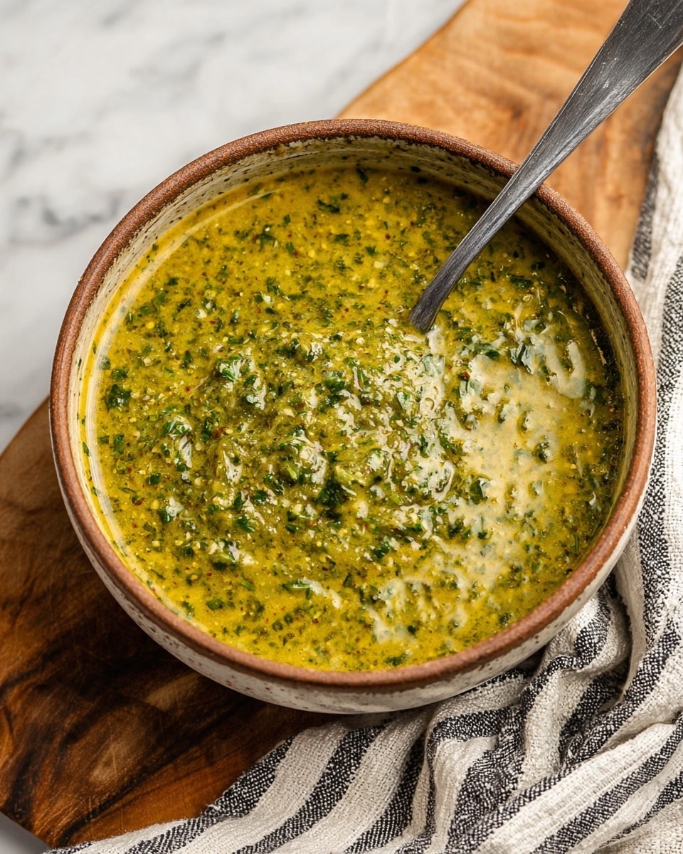 A round ceramic bowl with a brown rim filled with a thick, green and yellow textured sauce that looks creamy and slightly chunky with visible small green herb pieces mixed throughout; a metal spoon is partially submerged in the sauce, resting diagonally inside the bowl. The bowl is placed on a wooden board next to a striped cloth, all set on a white marbled surface. photo taken with an iphone --ar 4:5 --v 7