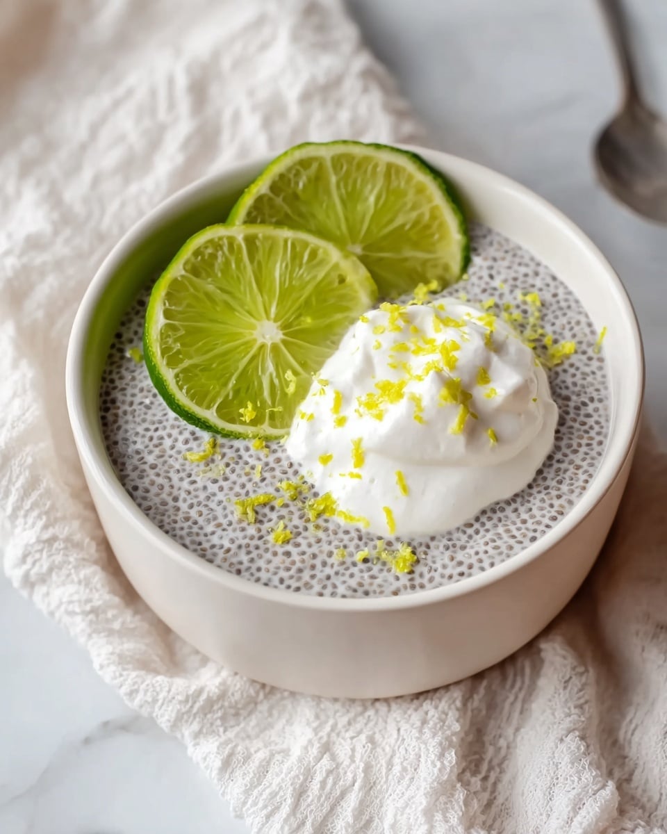 A white bowl filled with a pale grey chia pudding that has many tiny dark chia seeds evenly spread throughout the layer. On top, there is a dollop of thick white whipped cream placed slightly to one side. Behind the cream, two thin, round slices of bright green lime rest against the edge of the bowl. Small, vibrant yellow lime zest pieces are sprinkled over the cream and around it on the pudding surface. The bowl sits on a soft, white textured cloth with a white marbled surface in the background. Photo taken with an iphone --ar 4:5 --v 7