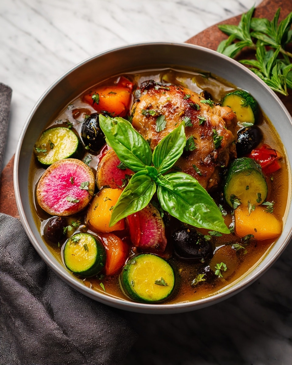 A round white bowl holds a colorful stew with several visual layers: in the bottom layer, a golden-brown broth fills the bowl; floating above are large chunks of green zucchini with visible seeds, pink radish slices, small dark olives, and bright orange and yellow roasted vegetables. A large browned chicken piece sits near the center, partially covered by the vegetables and broth. The top is garnished with fresh green herbs, including a bright basil leaf standing upright at the center. The bowl is placed on a white marbled texture with a slightly folded grey cloth napkin beside it. Photo taken with an iphone --ar 4:5 --v 7