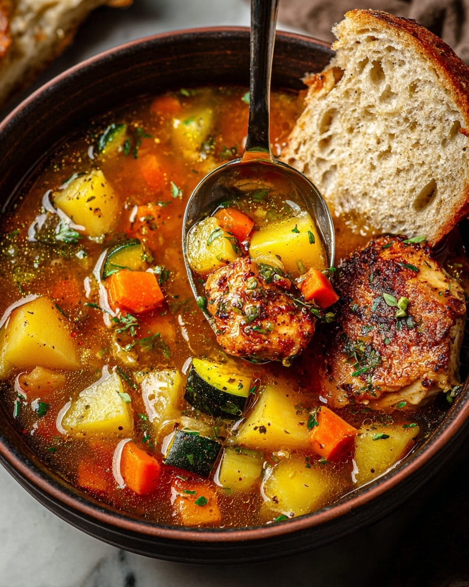 The image shows a deep, dark brown bowl filled with a colorful vegetable and chicken stew. The stew has a rich, clear orange broth filled with chunks of golden yellow potato, bright orange carrots, and green zucchini pieces, all sprinkled with small green herb bits. A metal spoon holds up a large piece of browned, crispy chicken along with some vegetables in the center right of the bowl. A slice of crusty, light golden brown bread rests on the left side of the bowl. The bowl sits on a white marbled surface. photo taken with an iphone --ar 4:5 --v 7