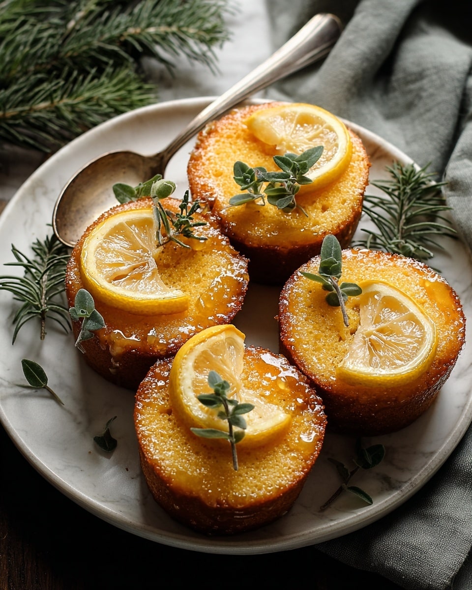 Four small, golden-brown cakes with a glazed top are arranged on a round white plate. Each cake has a thin, translucent slice of lemon placed on top, some decorated with fresh green herb leaves. The cakes have a moist, crumbly texture with slightly darker edges. The plate sits on a white marbled surface and is surrounded by sprigs of green herbs and a grey cloth. A metal spoon rests near the cakes. The light softly highlights the glossy tops and lemon slices, giving a fresh and inviting look. photo taken with an iphone --ar 4:5 --v 7