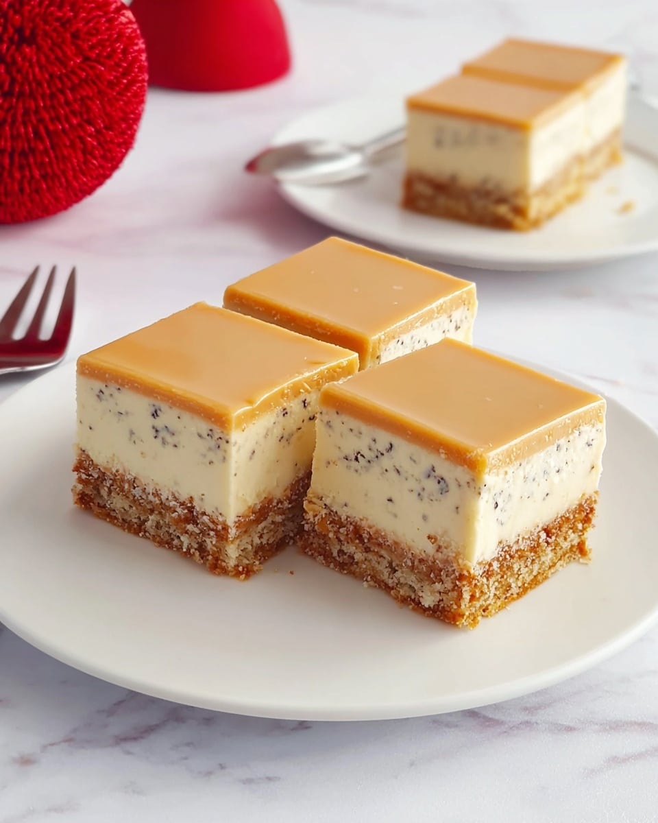 The image shows three square cake slices on a white plate with a white marbled surface below. Each slice has three layers: a crumbly brown base, a thick creamy middle layer with small dark specks and light bits inside, and a smooth light caramel-colored top layer. Two pieces are placed closely side by side at the front, with one piece removed slightly to show the cut edge, and a single slice is on another white plate in the background. A silver fork is partially visible to the left, and a bright red textured round decoration is near the back on the left side. Photo taken with an iphone --ar 4:5 --v 7