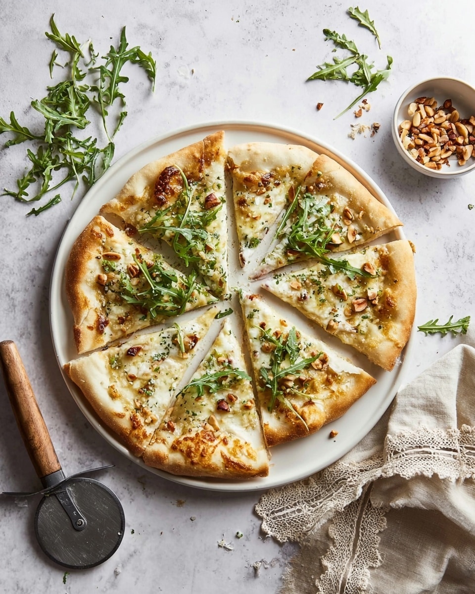 A white round pizza with a lightly golden crust sits on a white plate on a white marbled texture surface. The pizza is cut into eight slices, with one slice slightly pulled out to the right side. The pizza has a layer of melted white and golden cheese, topped with green arugula leaves scattered unevenly across the slices. There are small bits of nuts and thin slices of onion spread over the cheese, adding texture and color contrast. Around the plate, some loose arugula leaves are scattered, with a small bowl of mixed nuts to the upper right and a wooden-handled pizza cutter to the left. A beige cloth with lace edges is placed on the lower right corner. Photo taken with an iphone --ar 4:5 --v 7