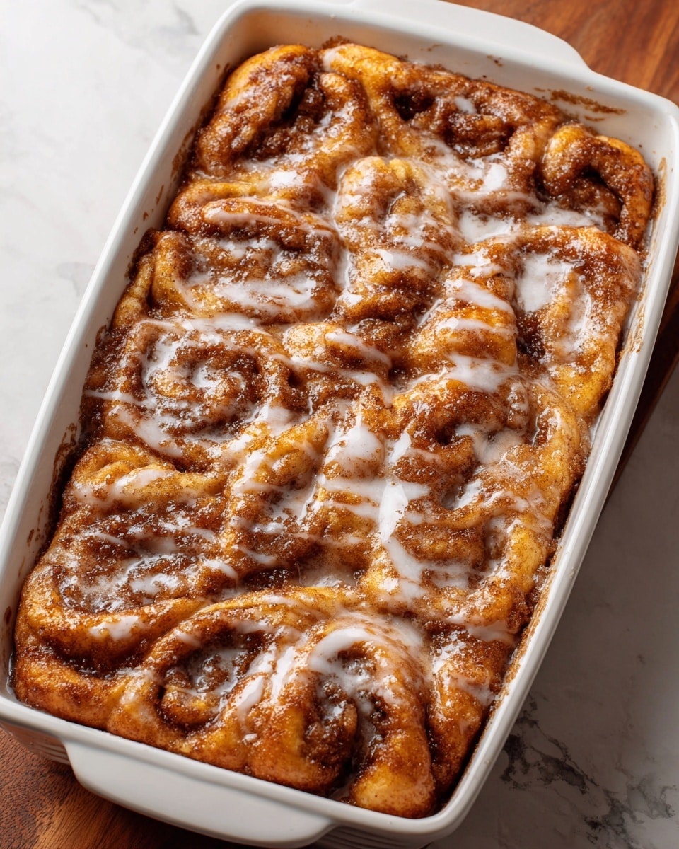A rectangular white ceramic baking dish filled with a thick, freshly baked cinnamon roll casserole. The top layer is golden brown dough with swirls of dark cinnamon and sugar, irregularly textured and slightly cracked, showing soft and fluffy bread underneath. A shiny white glaze is drizzled unevenly across the top, adding a glossy finish that contrasts with the warm, deep brown cinnamon patches. The baking dish sits on a white marbled surface, and the warm tones of the casserole create a cozy and inviting appearance. photo taken with an iphone --ar 4:5 --v 7