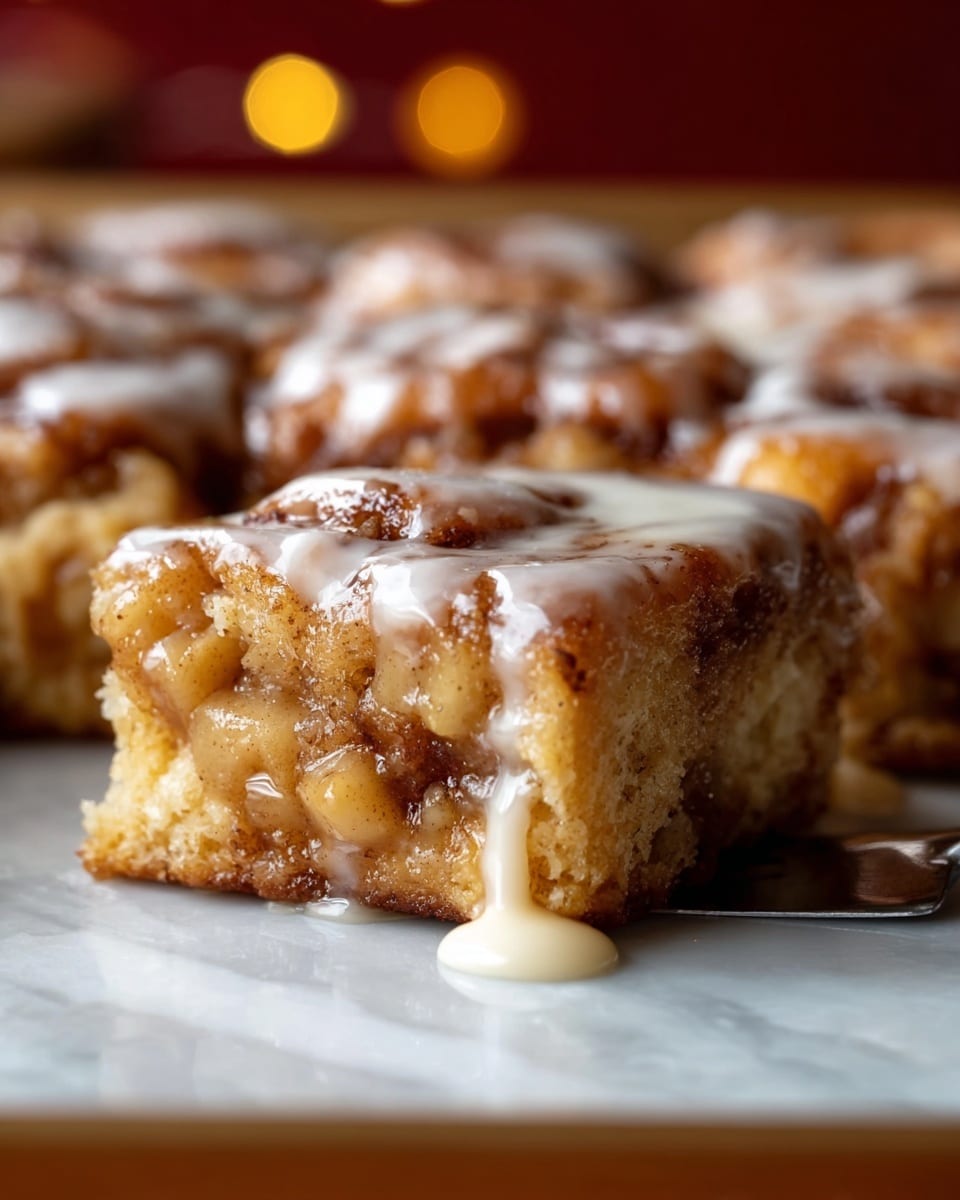 A close-up of a square piece of cinnamon roll with visible layers including a golden brown dough base, a middle layer with soft apple chunks embedded in a light brown cinnamon mix, and a top layer coated in white icing that is slowly dripping down the sides. The piece is raised above the rest of the cinnamon rolls in the pan, showing the texture contrast between the slightly crispy edges and the soft inside. The background is softly blurred, highlighting the warm tones and gooey glaze of the pastry. The dish rests on a white marbled surface photo taken with an iphone --ar 4:5 --v 7